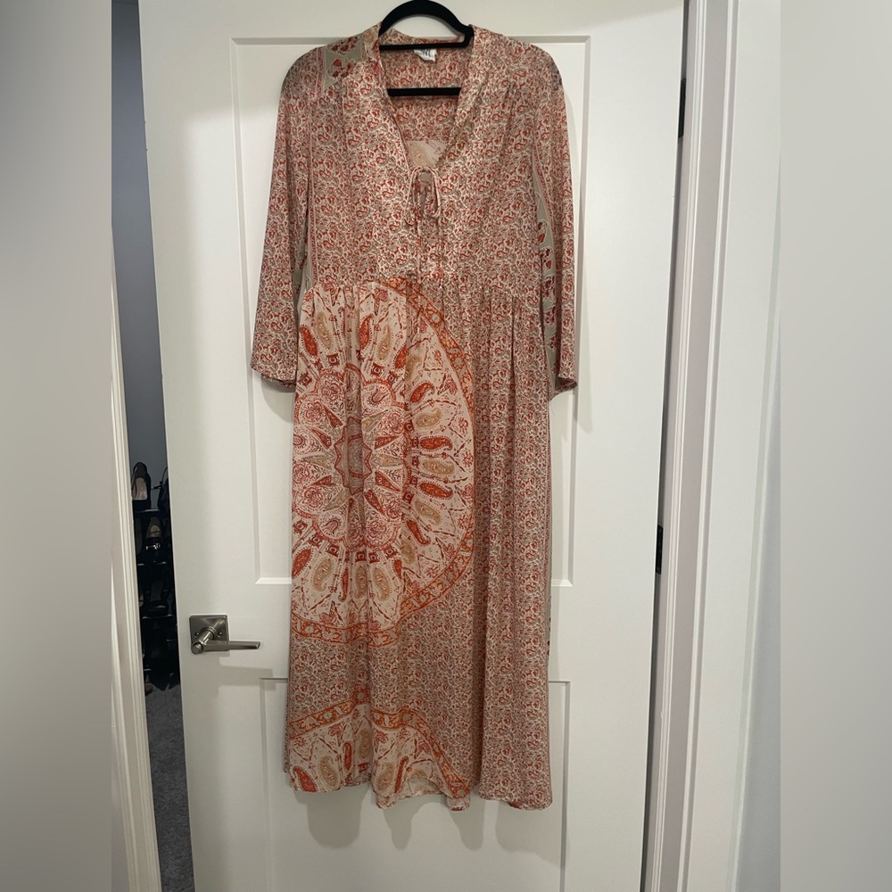 Orange & Cream Midi Anthropologie Sundress with V-Neck